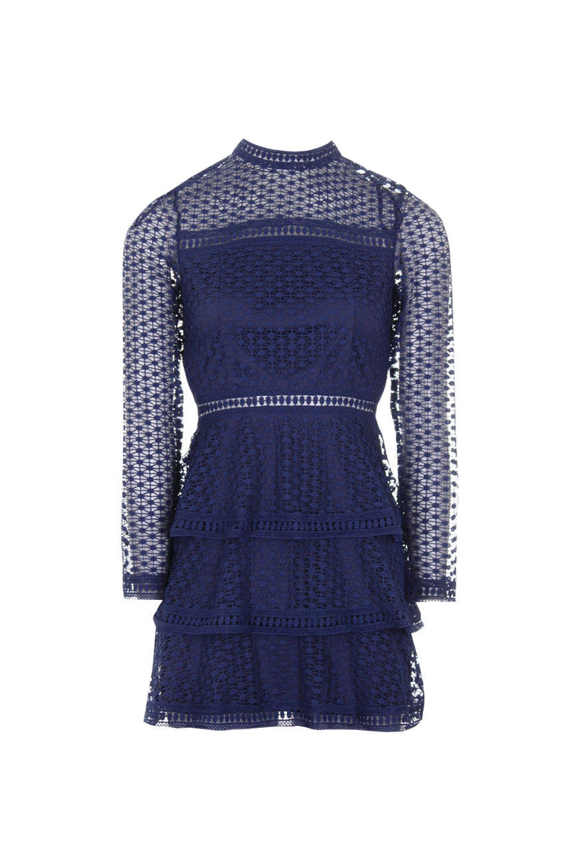Navy Crochet Long Sleeved Dress
