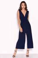 Navy Culotte Pleated Tie-Waist Jumpsuit