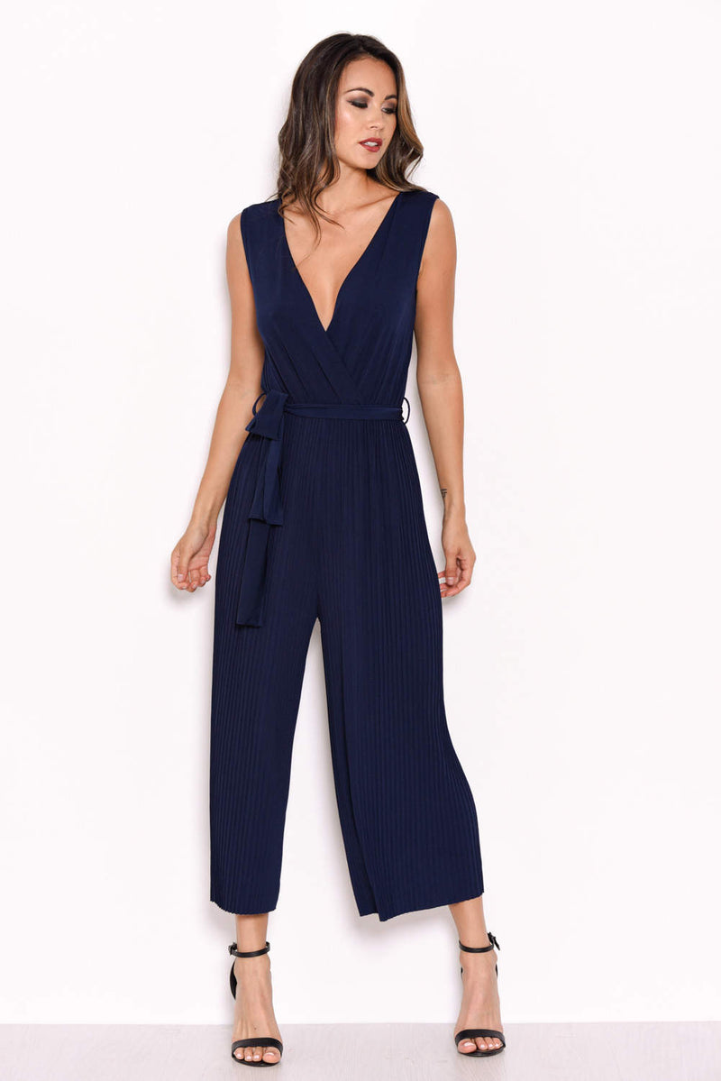 Navy Culotte Pleated Tie-Waist Jumpsuit