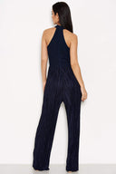 Navy Cut In Neck Pleated Leg Jumpsuit