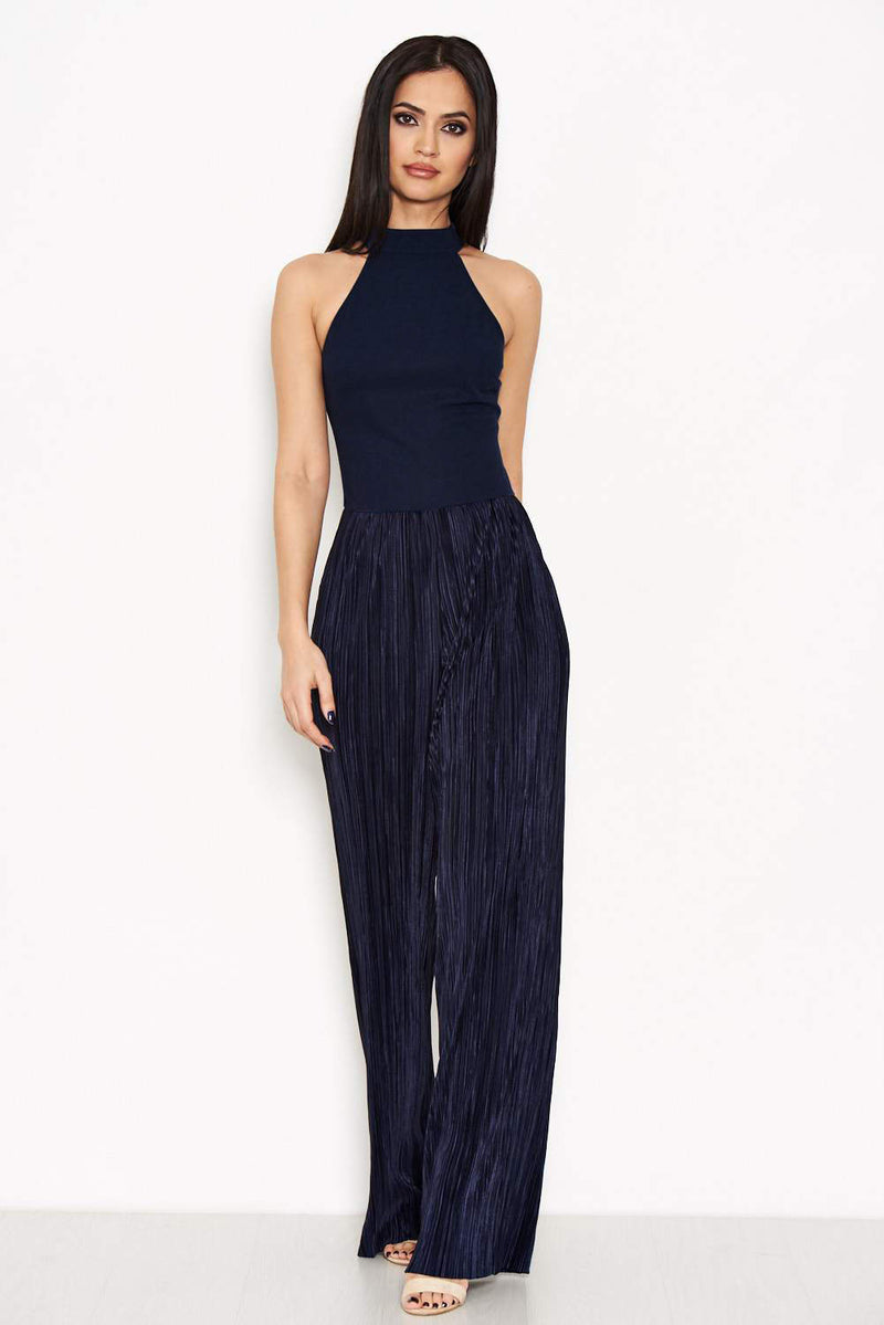 Navy Cut In Neck Pleated Leg Jumpsuit