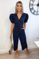 Navy Ditsy Daisy Print Wrap Over Jumpsuit