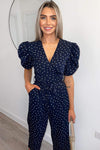 Navy Ditsy Daisy Print Wrap Over Jumpsuit