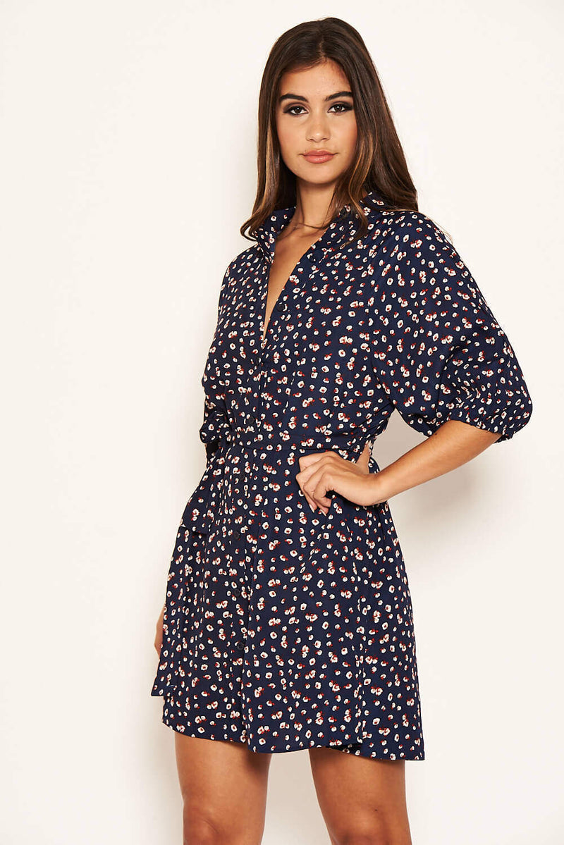 Navy Ditsy Floral Tie Waist Shirt Dress