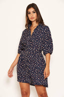 Navy Ditsy Floral Tie Waist Shirt Dress