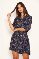 Navy Ditsy Floral Tie Waist Shirt Dress