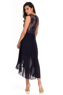 Navy Embroidered Mesh Dipped Hem Dress