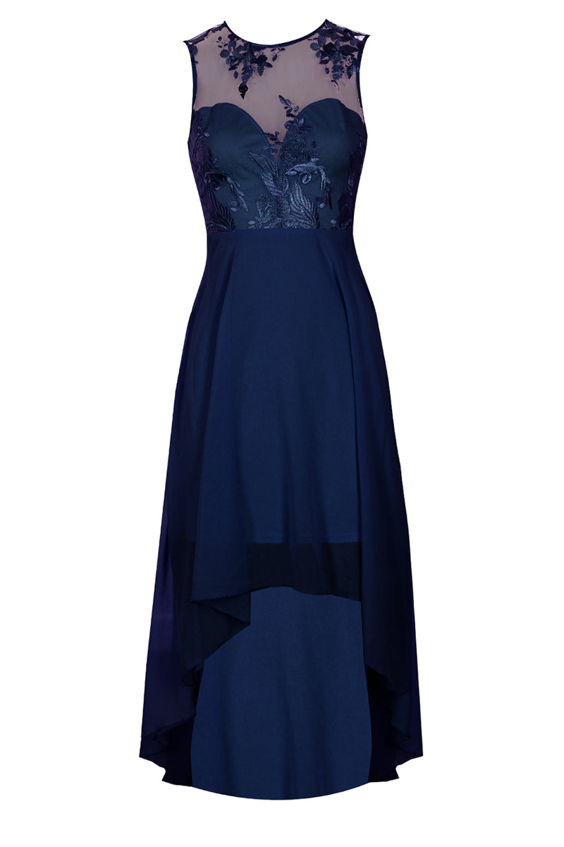 Navy Embroidered Mesh Dipped Hem Dress