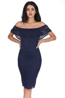 Navy Ruffled Off The Shoulder Lace Midi Dress