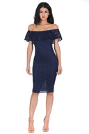 Navy Ruffled Off The Shoulder Lace Midi Dress