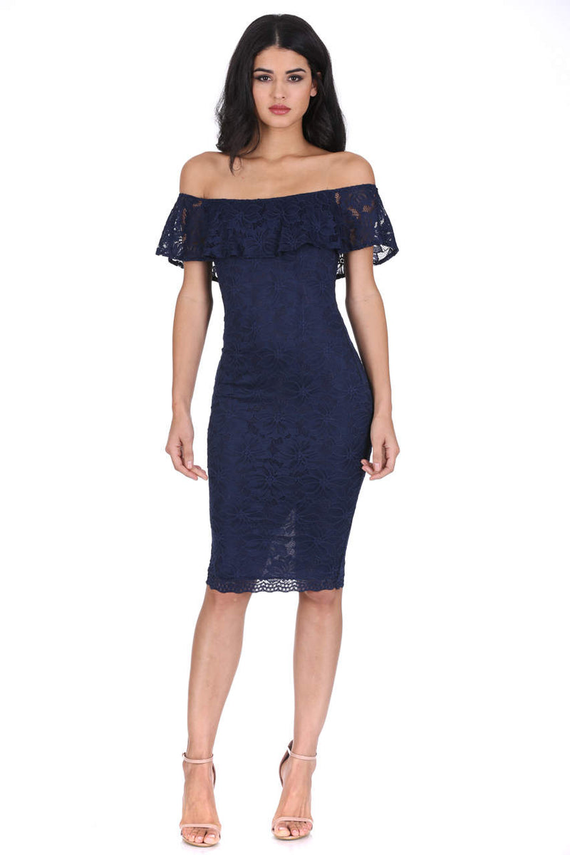 Navy Ruffled Off The Shoulder Lace Midi Dress