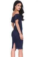 Navy Ruffled Off The Shoulder Lace Midi Dress
