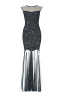 Navy Floor Length Dress With Mesh And Embroidery