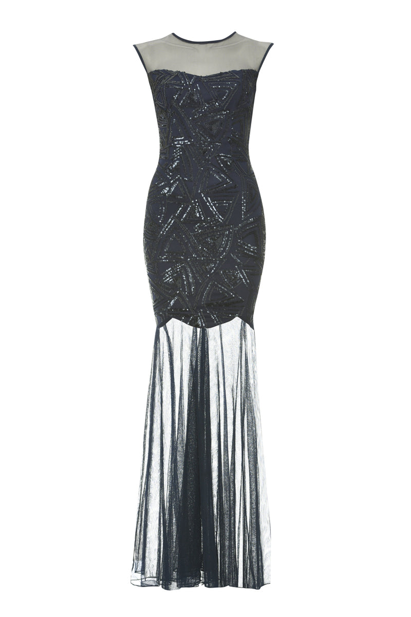 Navy Floor Length Dress With Mesh And Embroidery – AX Paris
