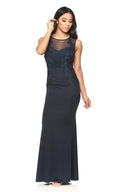 Navy Floor Length Fitted Dress With Lace Detail