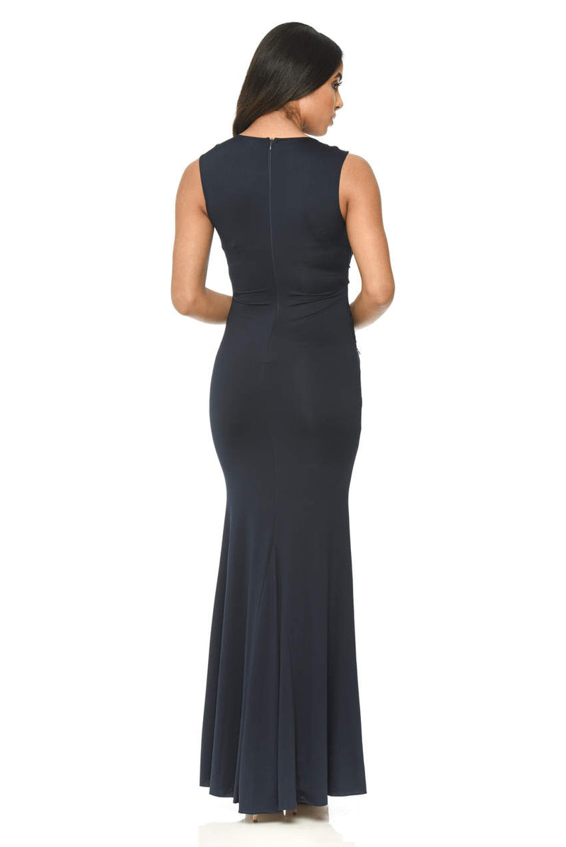 Navy Floor Length Fitted Dress With Lace Detail