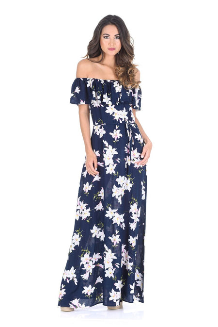 Navy Floral Bardot Printed Maxi Dress