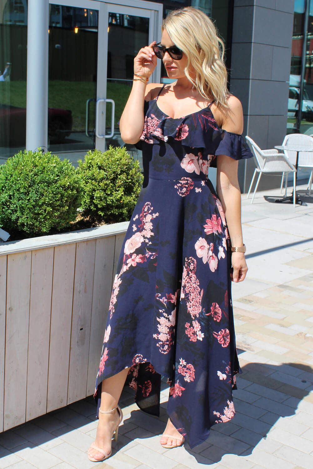 Navy Floral Cold Shoulder Maxi Dress AX Paris Navy Floral Cold Shoulder Maxi Dress AX Paris