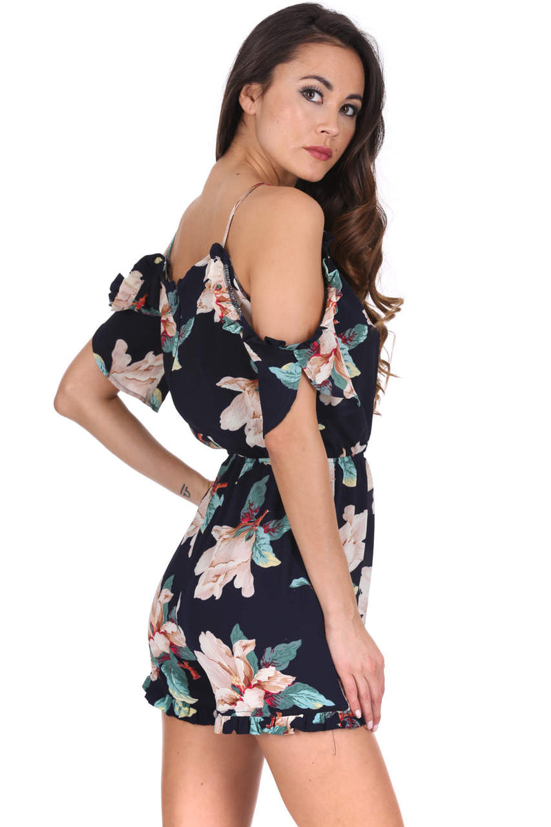 Navy Floral Cold Shoulder Playsuit