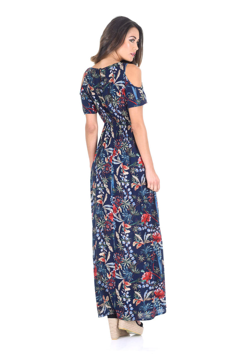 Navy Floral Cold Shoulder Printed Maxi Dress