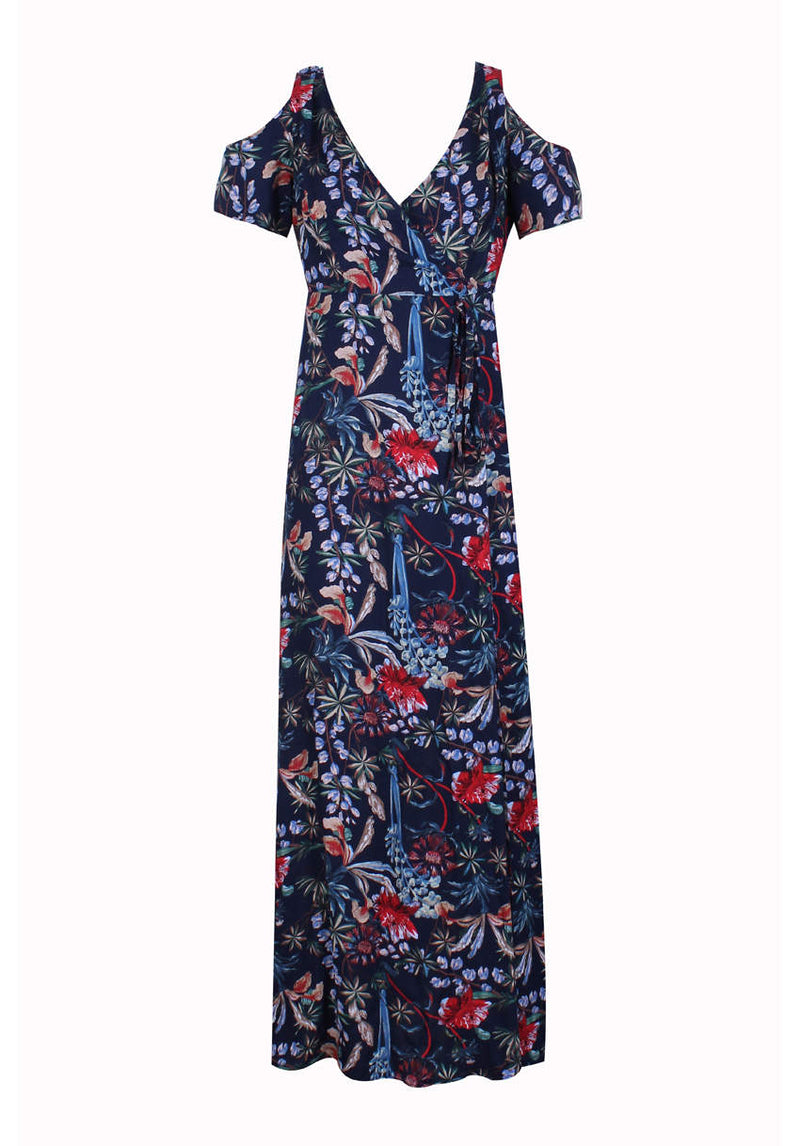 Navy Floral Cold Shoulder Printed Maxi Dress