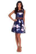 Navy Floral Crochet Detail Skater Dress