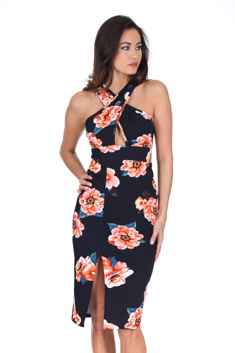 Navy Floral Cross Over Midi Dress