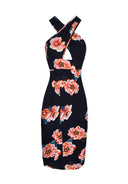 Navy Floral Cross Over Midi Dress