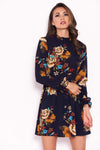 Navy Floral Long Sleeved Frill Detail Dress