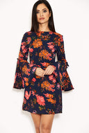 Navy Floral Dress With Statement Sleeves