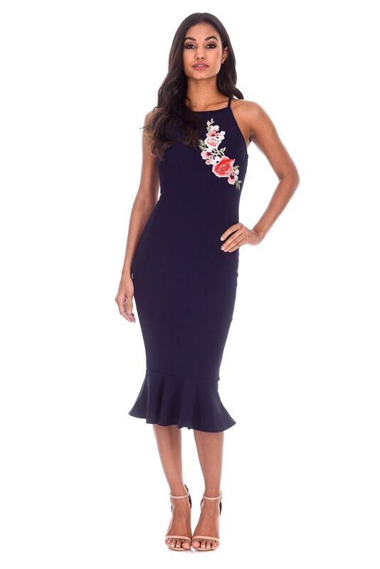 Navy Floral Embroidered Midi Dress