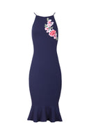 Navy Floral Embroidered Midi Dress