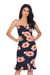 Navy Floral Frill Hem Bandeau Dress