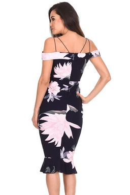 Navy Floral Fishtail Hem Midi Dress