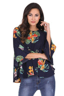 Navy Floral Flared Sleeve Top