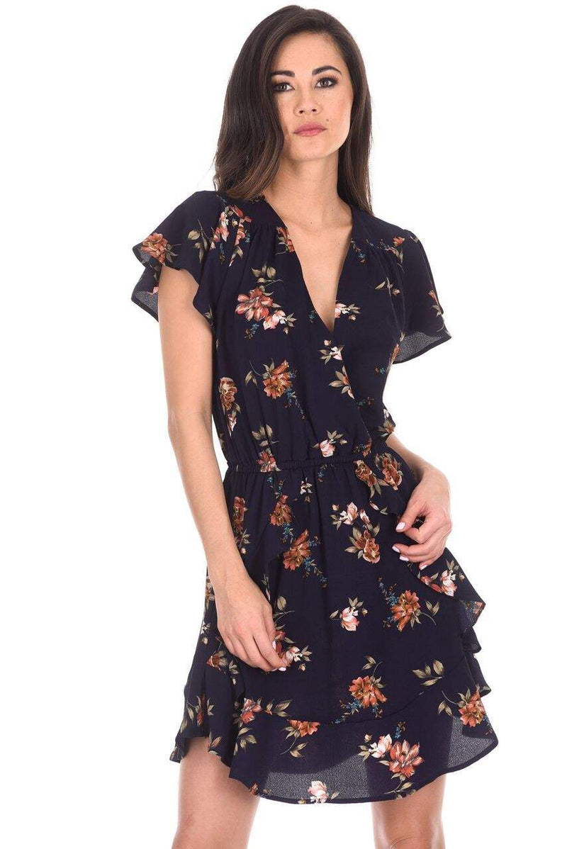 Navy Floral Frill Detail Dress