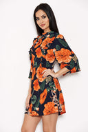 Navy Floral Frill Front Dress