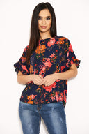 Navy Floral Frill Sleeved Top