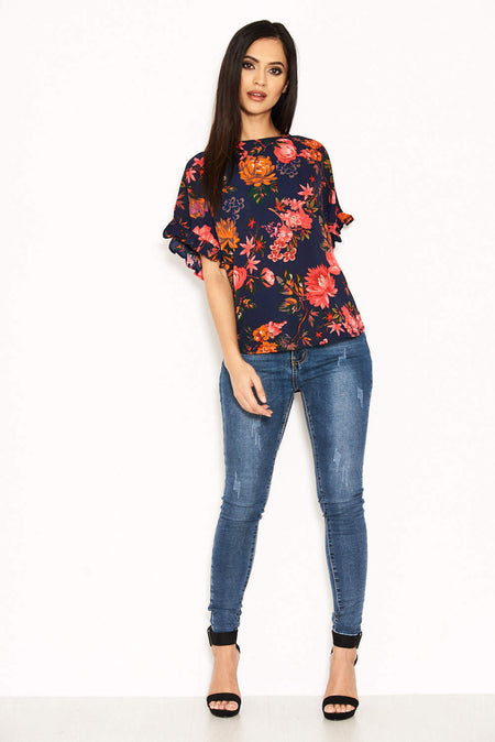 Navy Floral Frill Sleeved Top