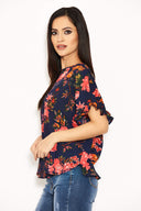 Navy Floral Frill Sleeved Top