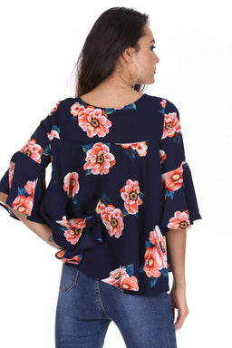 Navy Floral Frilled Sleeved Top