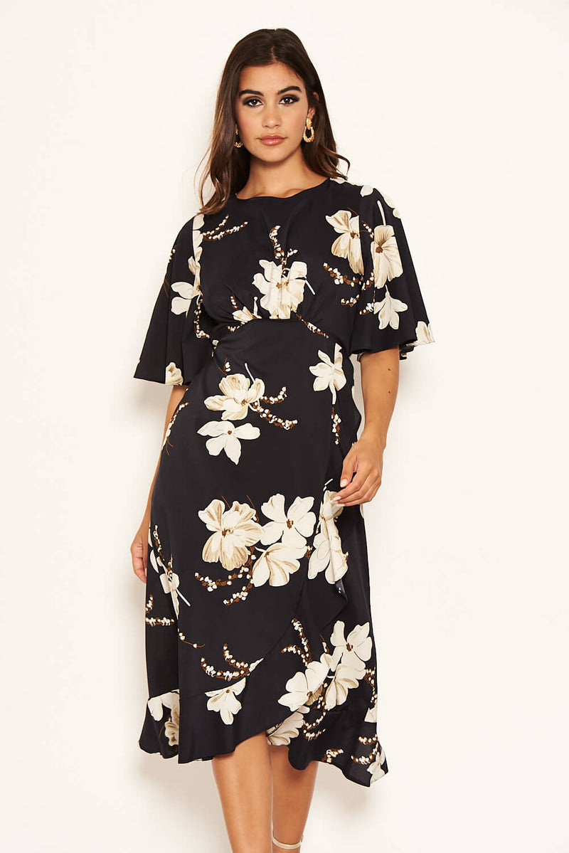 Navy Floral Gathered Frill Midi Dress