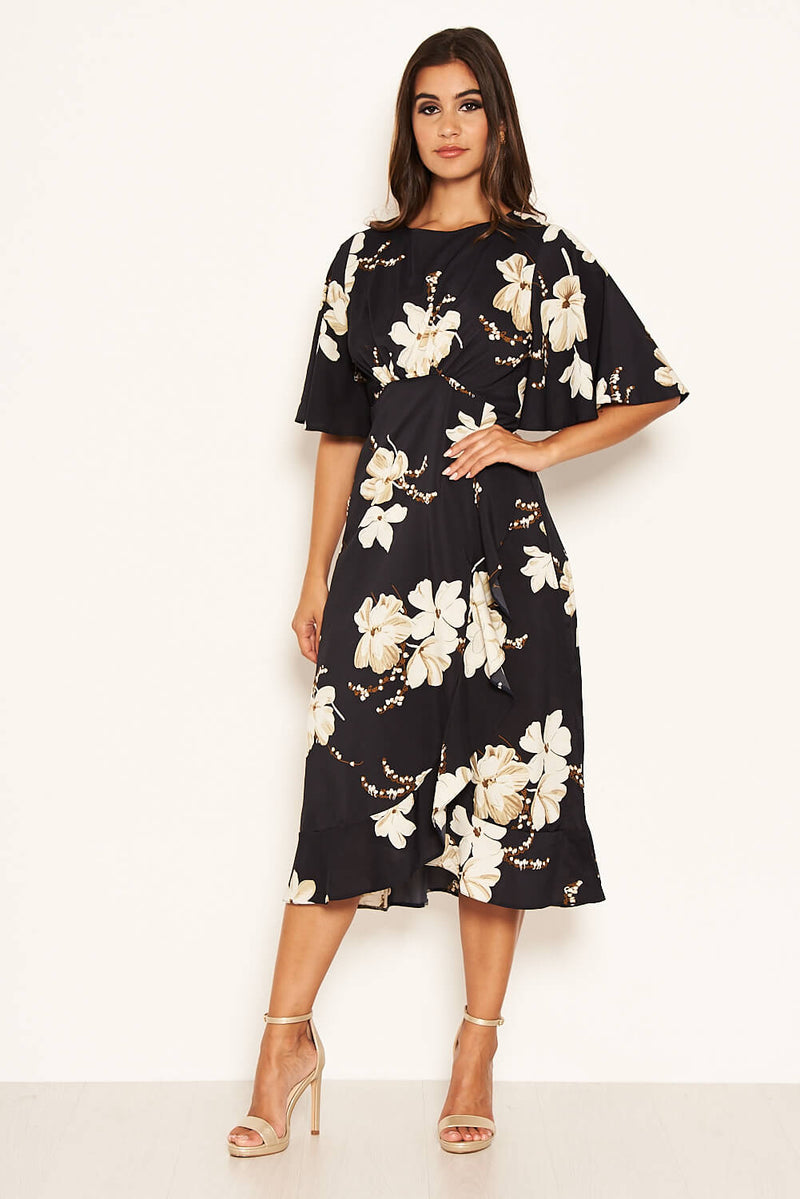 Navy Floral Gathered Frill Midi Dress