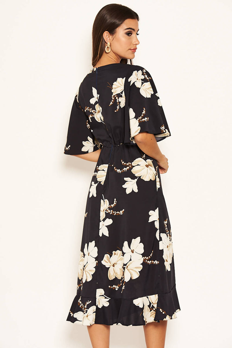 Navy Floral Gathered Frill Midi Dress