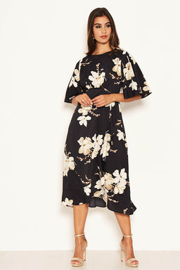 Navy Floral Gathered Frill Midi Dress