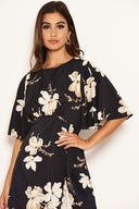 Navy Floral Gathered Frill Midi Dress