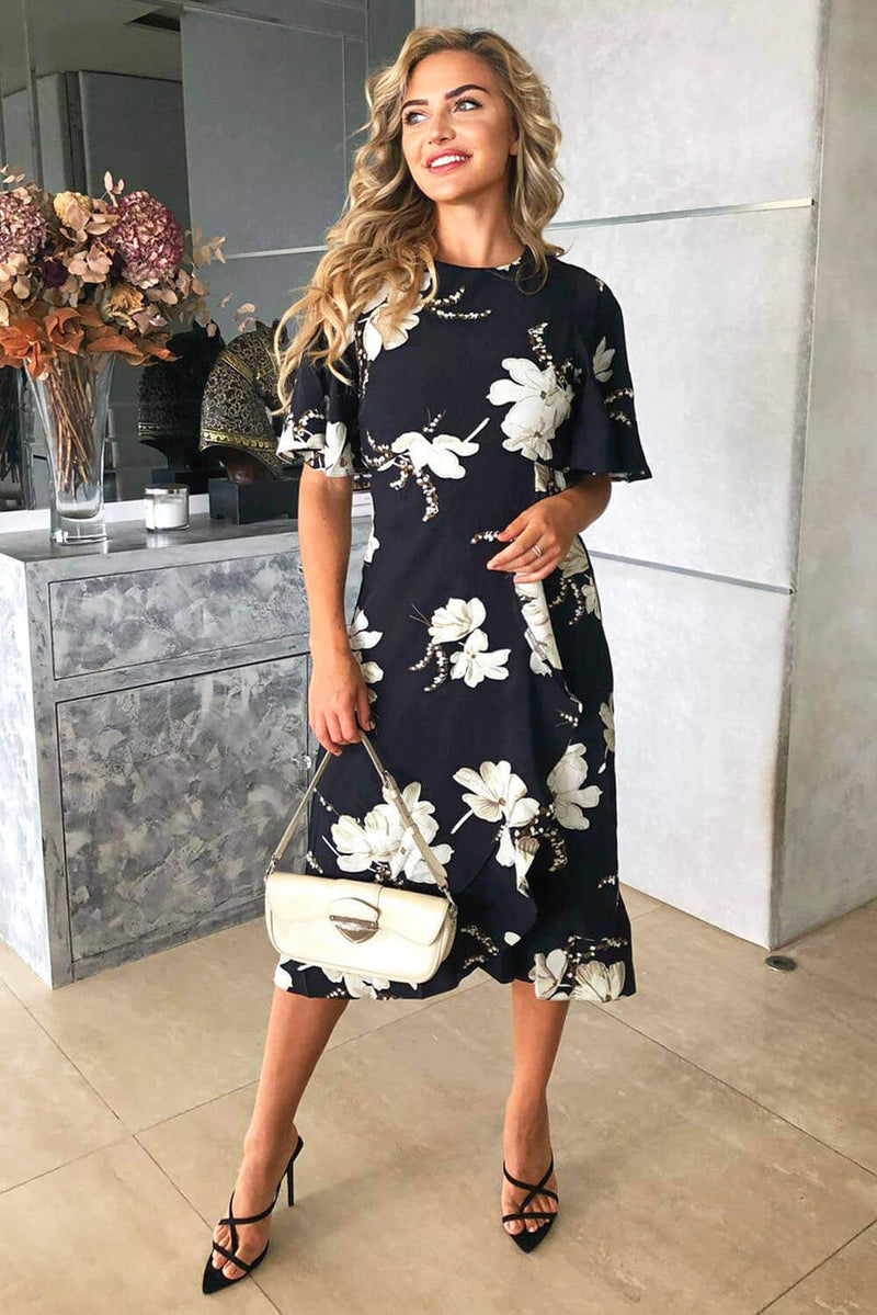 Navy Floral Gathered Frill Midi Dress