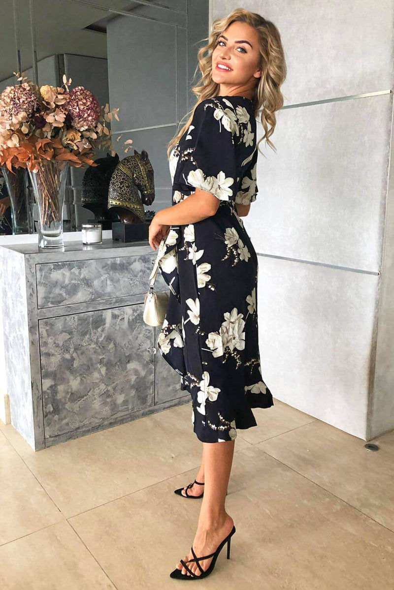 Navy Floral Gathered Frill Midi Dress