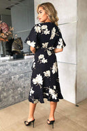 Navy Floral Gathered Frill Midi Dress