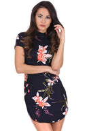 Navy Floral High Neck Dress